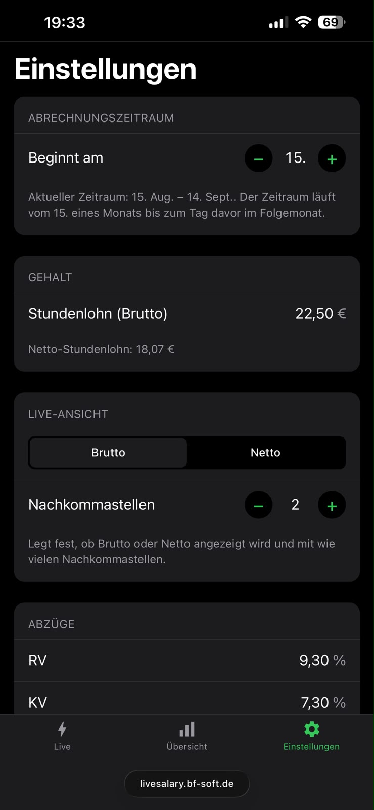Gehaltstracker Einstellungen